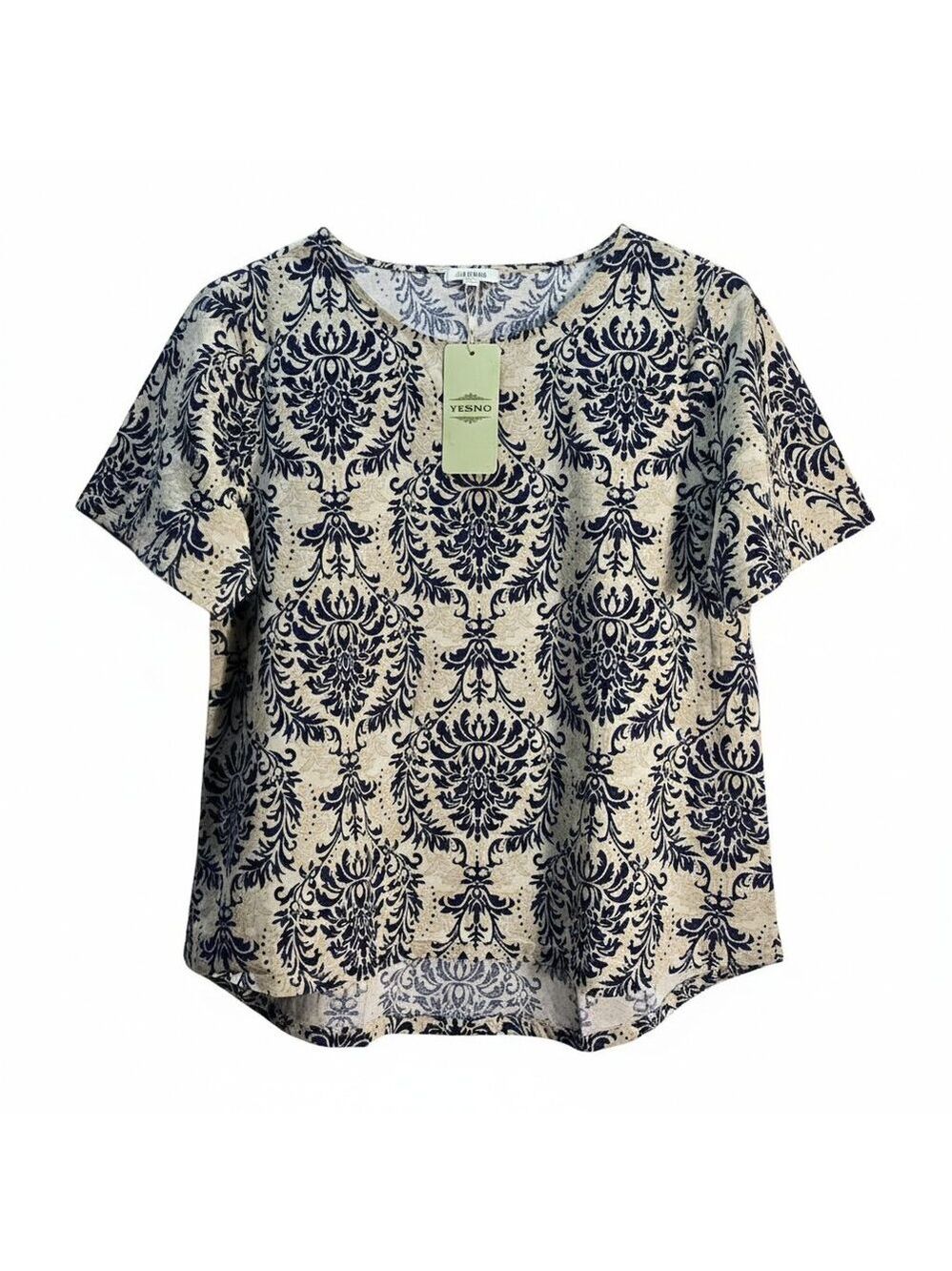 NWT | YESNO Navy & Cream Damask Print Boho Top | Artisanal | Large